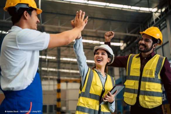 Drei Handwerker mit Schutzhelmen und Warnwesten feiern gemeinsam einen Erfolg und symbolisieren Teamgeist sowie erfolgreiche Mitarbeiterbindung im Handwerk.
